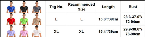 size chart of Men's Glossy Short Sleeve Sports Crop Top - ORLVS.com - gay crop tops. gay casual clothes and gay clothes store
