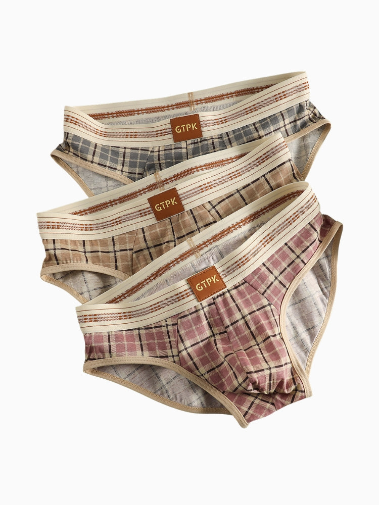 ORLVS Men's 4-Pack Plaid Briefs with 3D Mesh Pouch and Contrast Waistband
