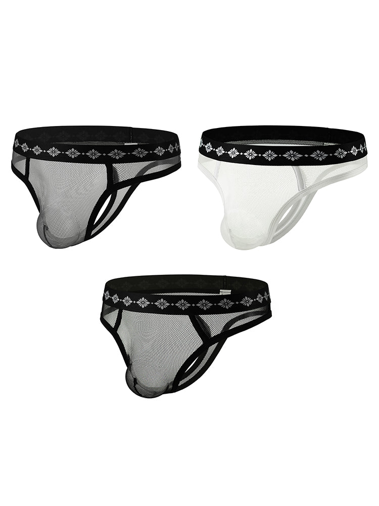 ORLVS Men's 3-Pack Low-Rise Cutout Mesh Thongs with Floral Waistband