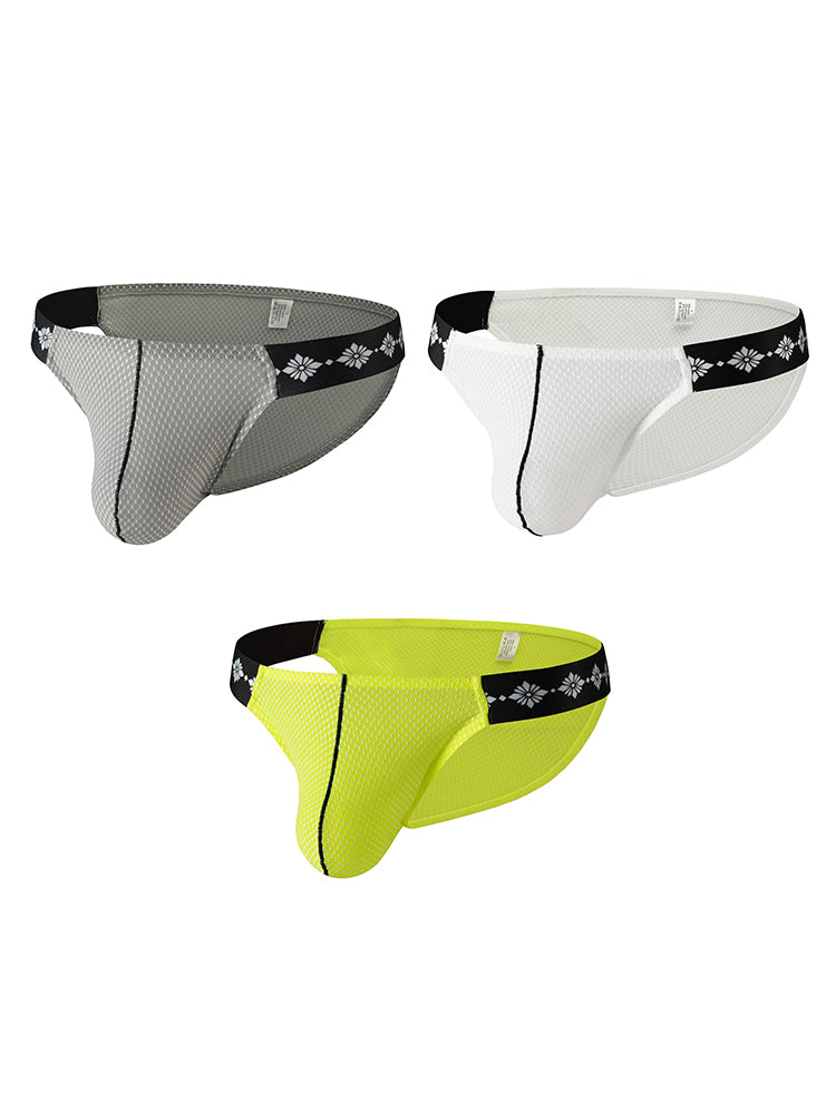 ORLVS Men's 3-Pack Low Rise Bikini Underwear with Mesh and Side-Printed Waistband