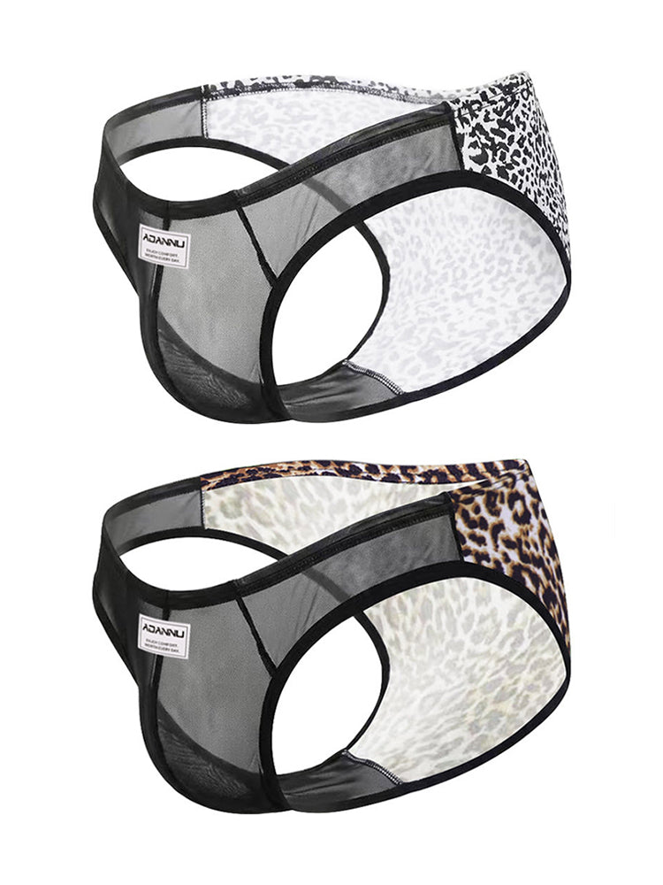 ORLVS Men's 2-Pack Leopard Print Briefs with Sheer Mesh Panel