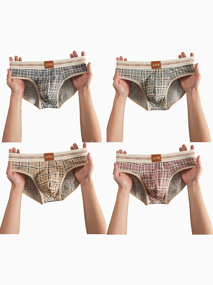 ORLVS Men's 4-Pack Plaid Briefs with 3D Mesh Pouch and Contrast Waistband