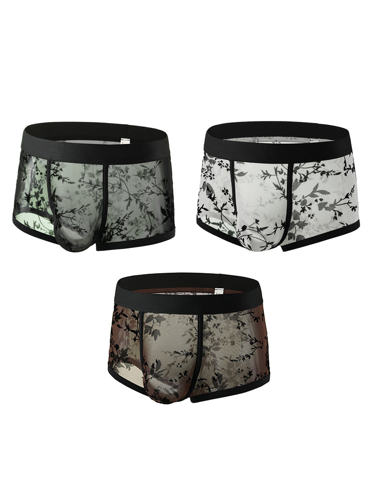 ORLVS Men's 3-Pack Lace Trunks with Floral Jacquard and Sheer Body