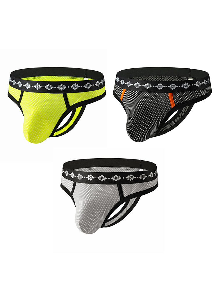 ORLVS Men's 3-Pack Low Rise Mesh Thongs with Contrast Waistband