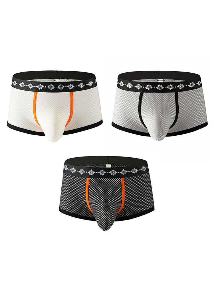 ORLVS Men's 3-Pack Low-Rise Mesh Trunks with Large Pouch and Printed Waistband