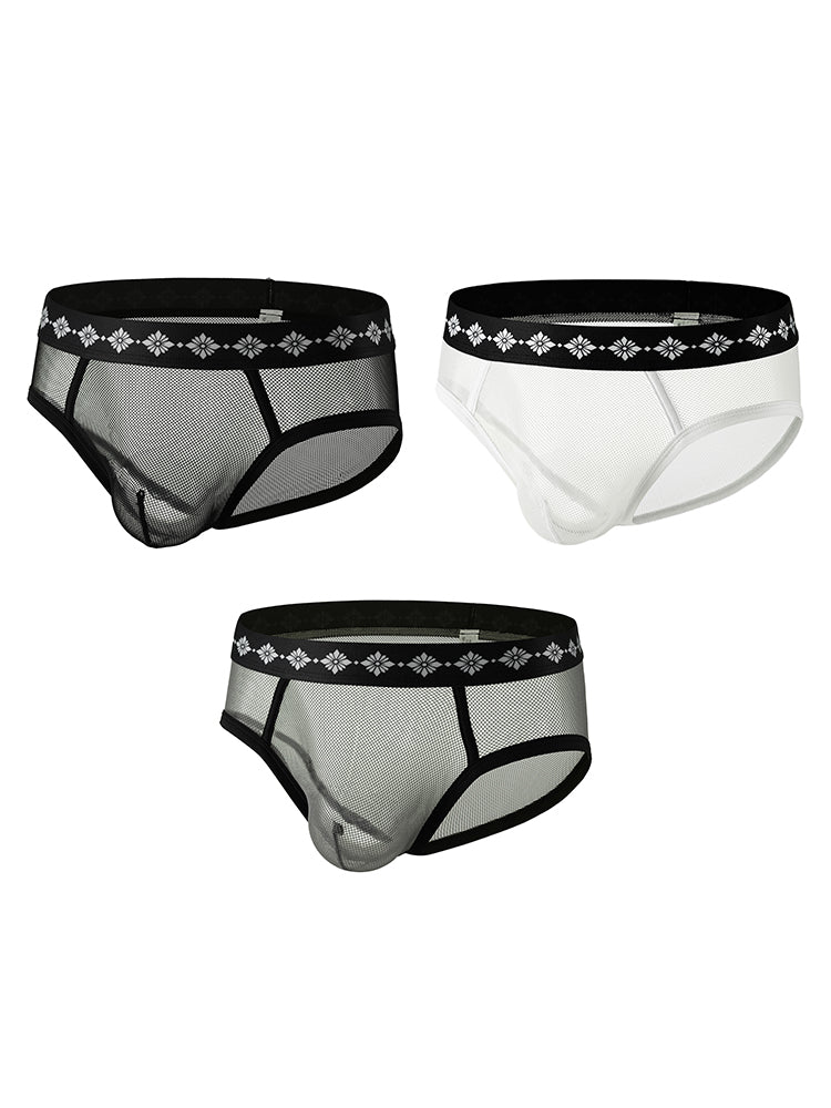 ORLVS Men's 3-Pack Low-Rise Sheer Mesh Briefs with Cutouts and Large Pouch