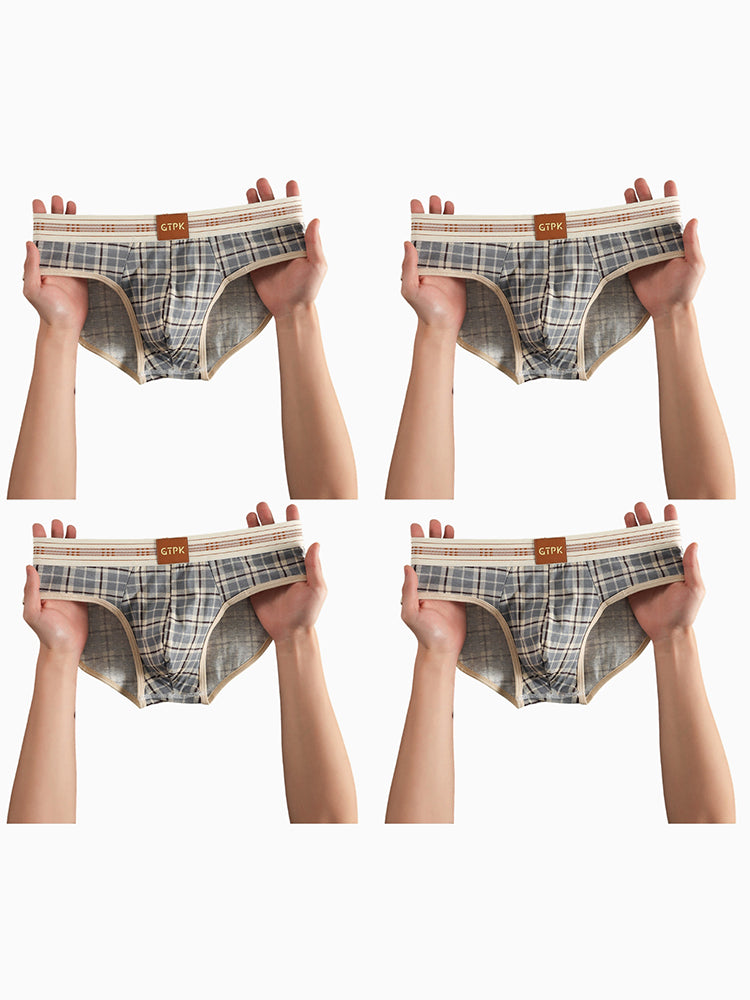 ORLVS Men's 4-Pack Plaid Briefs with 3D Mesh Pouch and Contrast Waistband