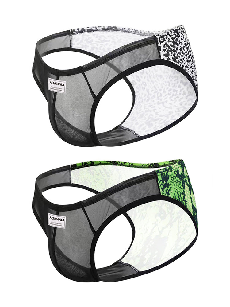 ORLVS Men's 2-Pack Leopard Print Briefs with Sheer Mesh Panel