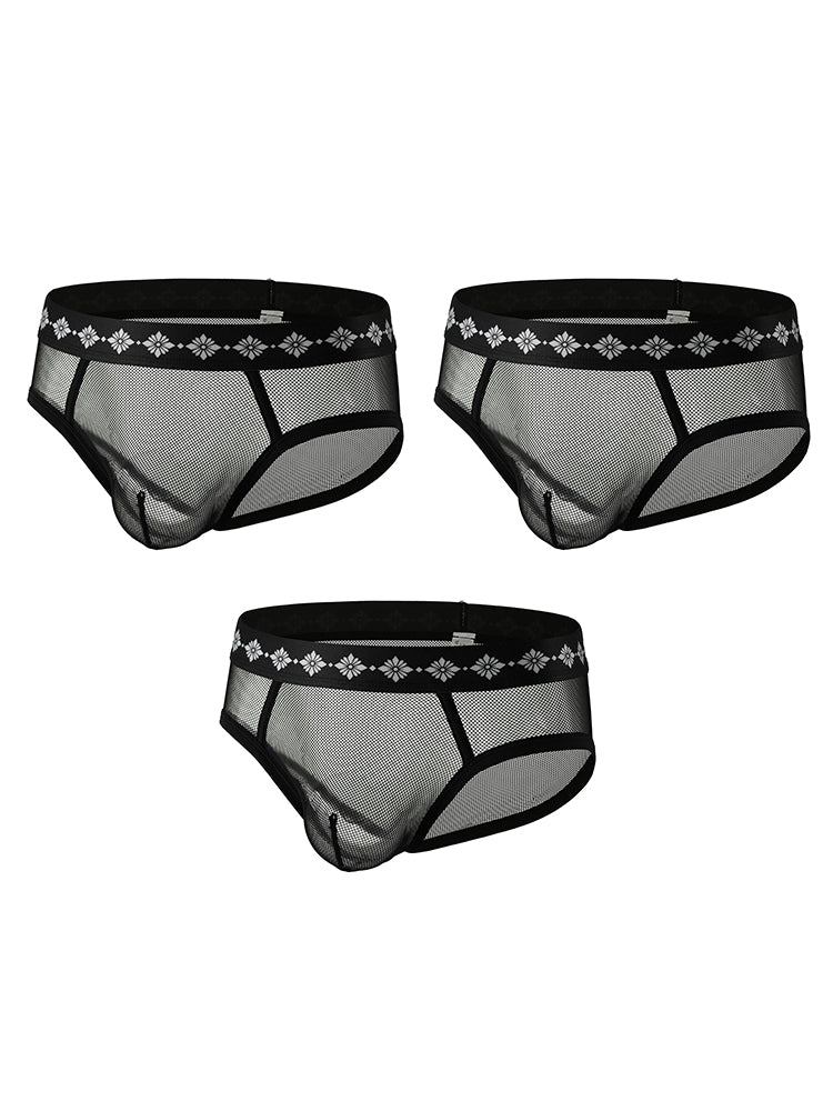ORLVS Men's 3-Pack Low-Rise Sheer Mesh Briefs with Cutouts and Large Pouch