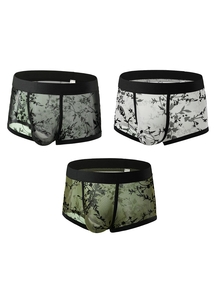 ORLVS Men's 3-Pack Lace Trunks with Floral Jacquard and Sheer Body