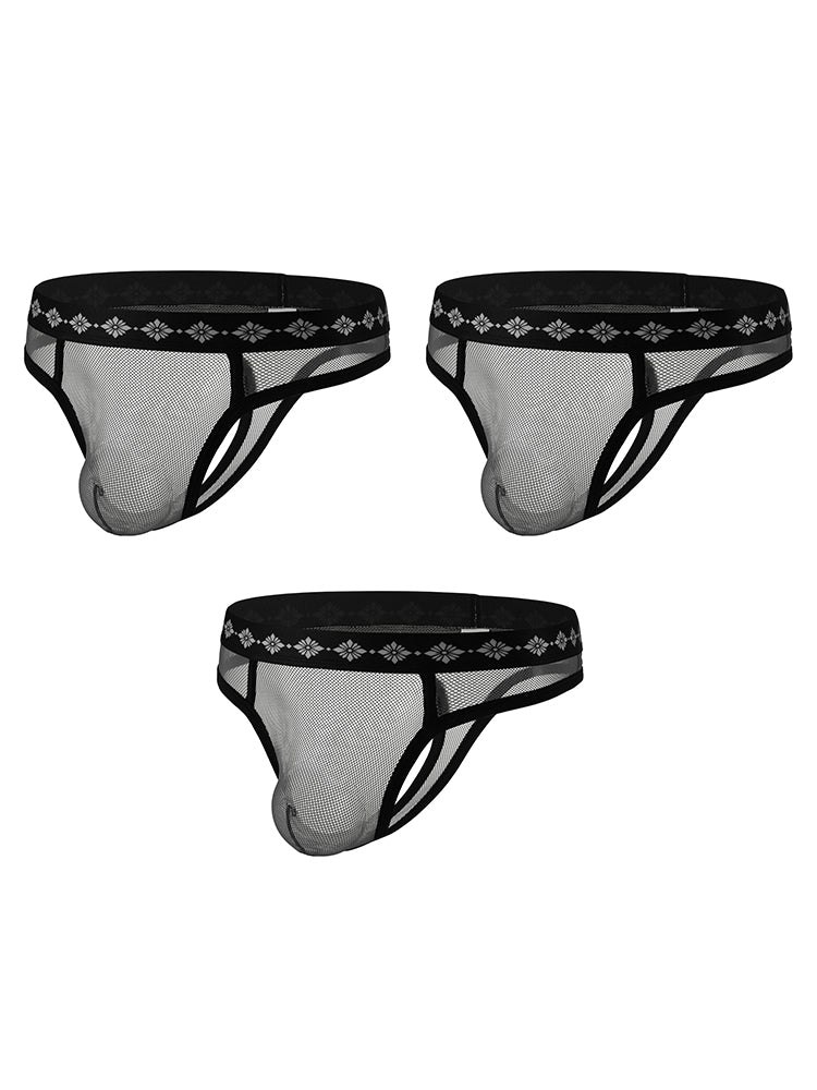 ORLVS Men's 3-Pack Low-Rise Cutout Mesh Thongs with Floral Waistband