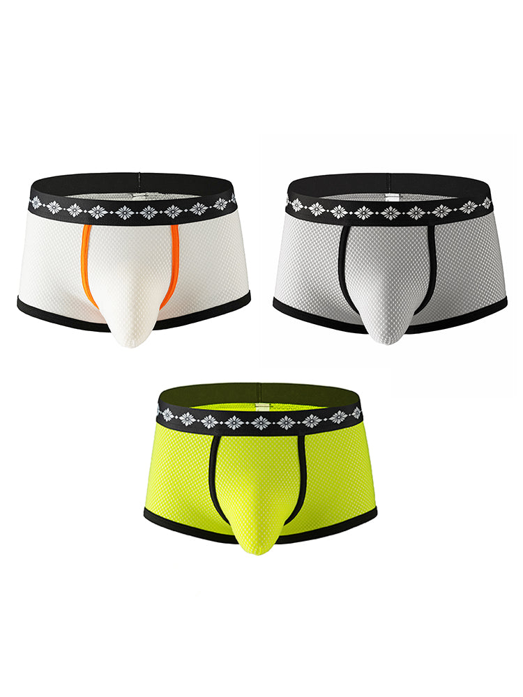 ORLVS Men's 3-Pack Low-Rise Mesh Trunks with Large Pouch and Printed Waistband