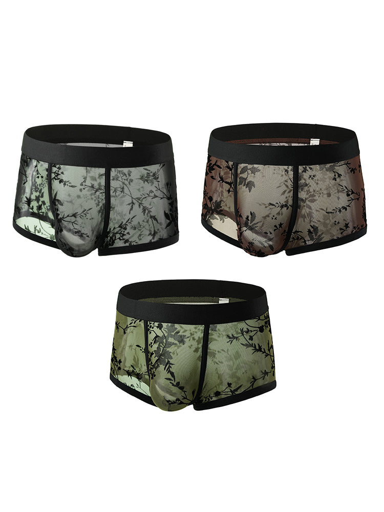 ORLVS Men's 3-Pack Lace Trunks with Floral Jacquard and Sheer Body