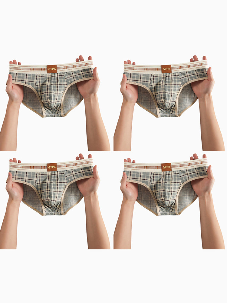 ORLVS Men's 4-Pack Plaid Briefs with 3D Mesh Pouch and Contrast Waistband