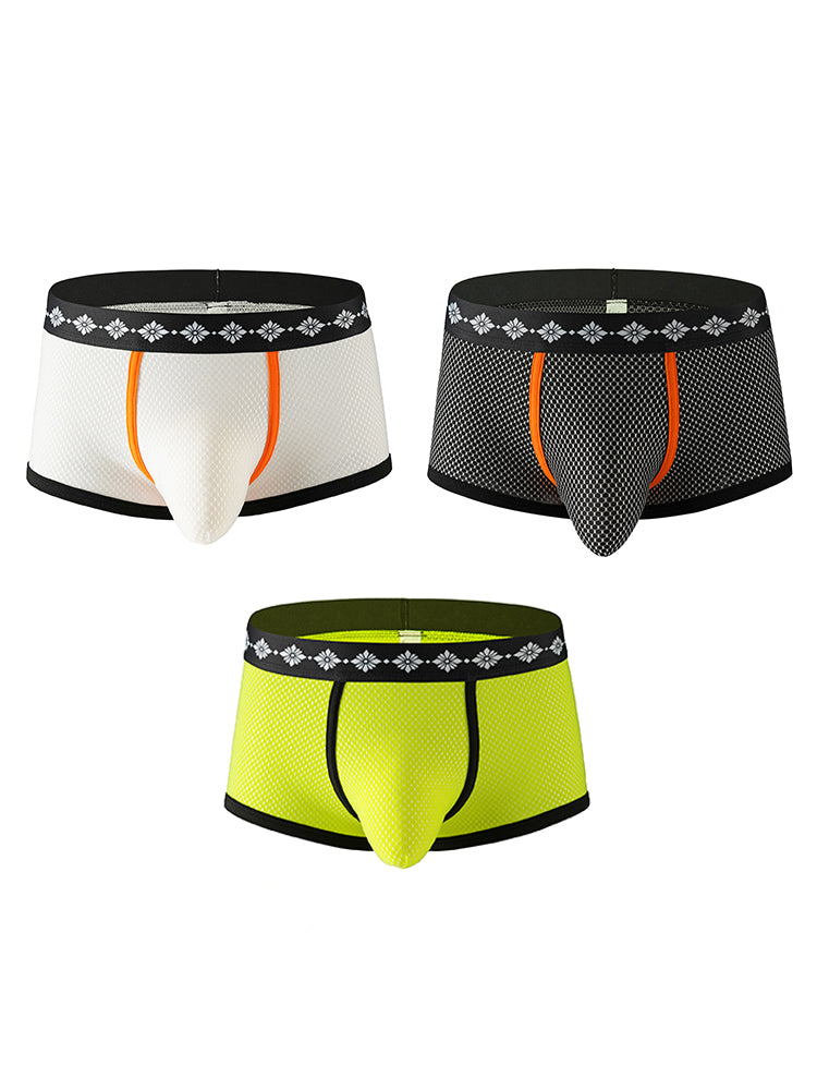 ORLVS Men's 3-Pack Low-Rise Mesh Trunks with Large Pouch and Printed Waistband