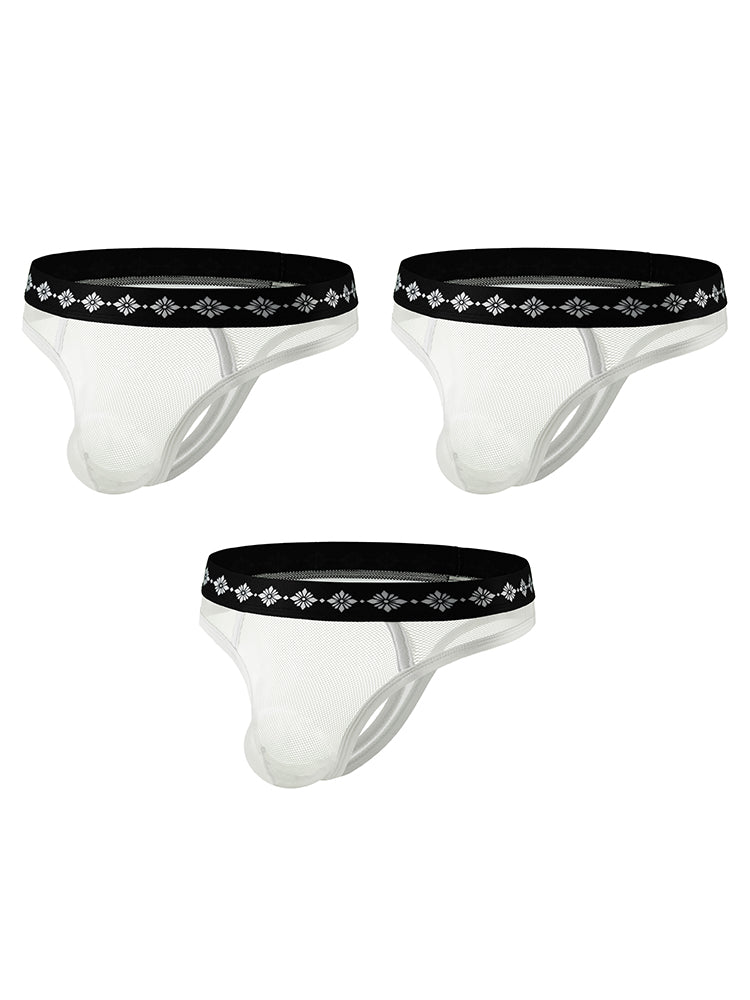 ORLVS Men's 3-Pack Low-Rise Cutout Mesh Thongs with Floral Waistband