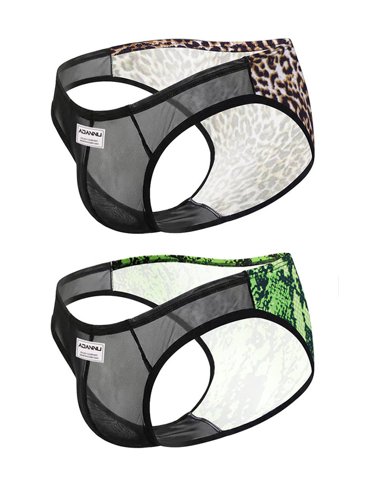 ORLVS Men's 2-Pack Leopard Print Briefs with Sheer Mesh Panel
