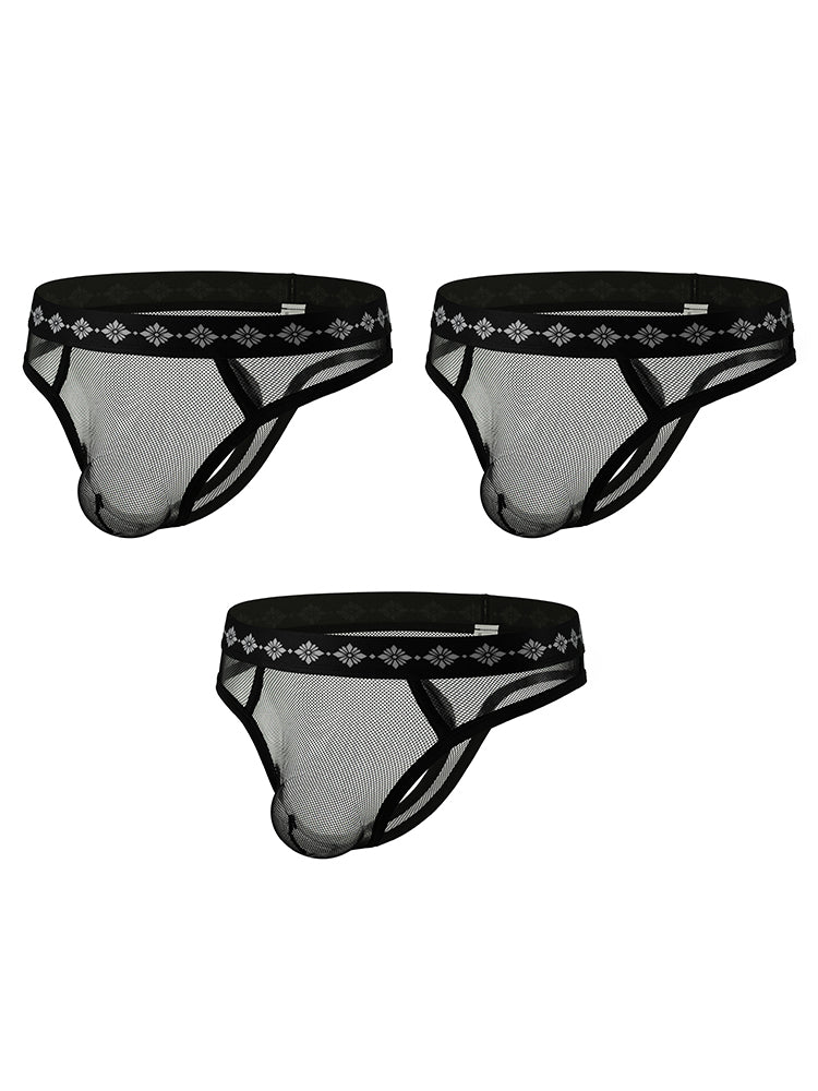 ORLVS Men's 3-Pack Low-Rise Cutout Mesh Thongs with Floral Waistband