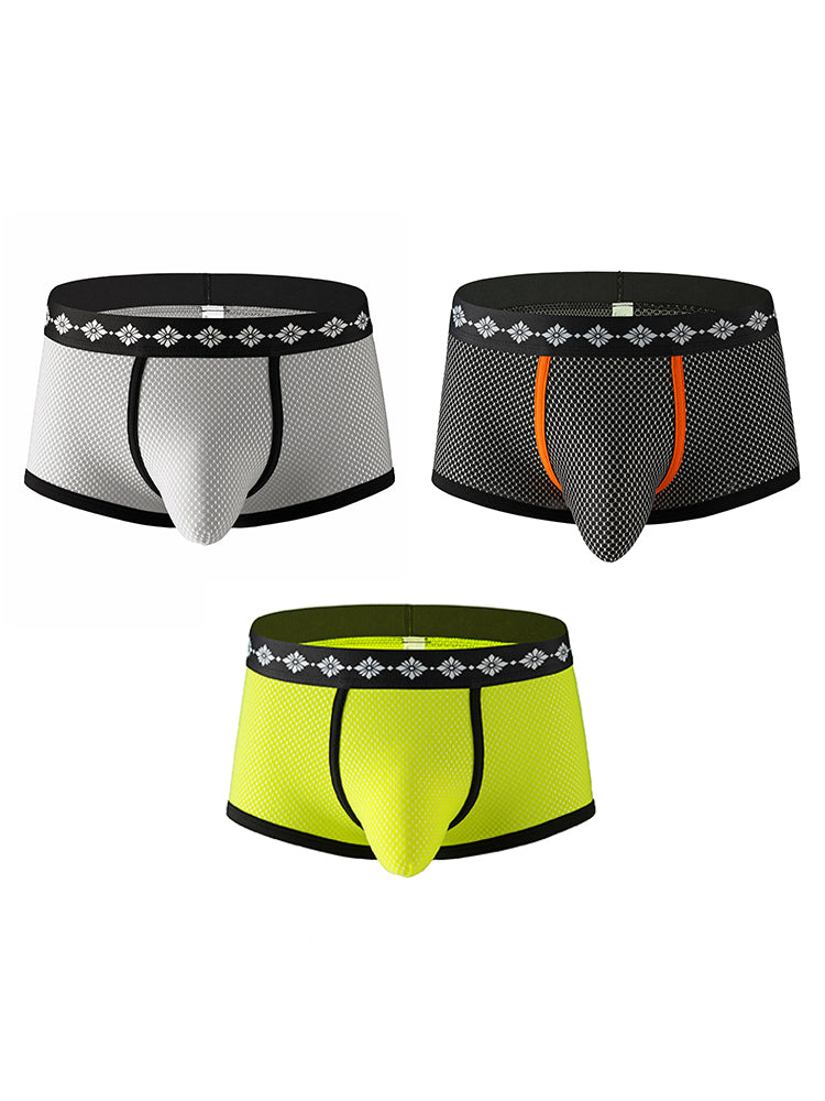 ORLVS Men's 3-Pack Low-Rise Mesh Trunks with Large Pouch and Printed Waistband