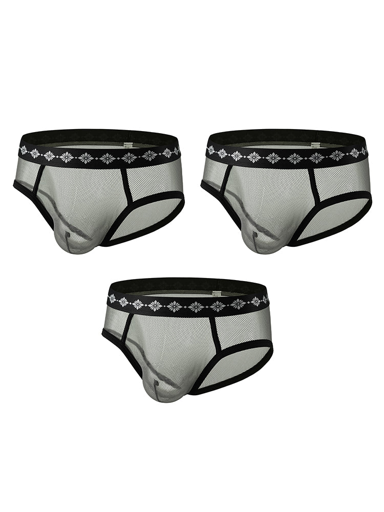 ORLVS Men's 3-Pack Low-Rise Sheer Mesh Briefs with Cutouts and Large Pouch