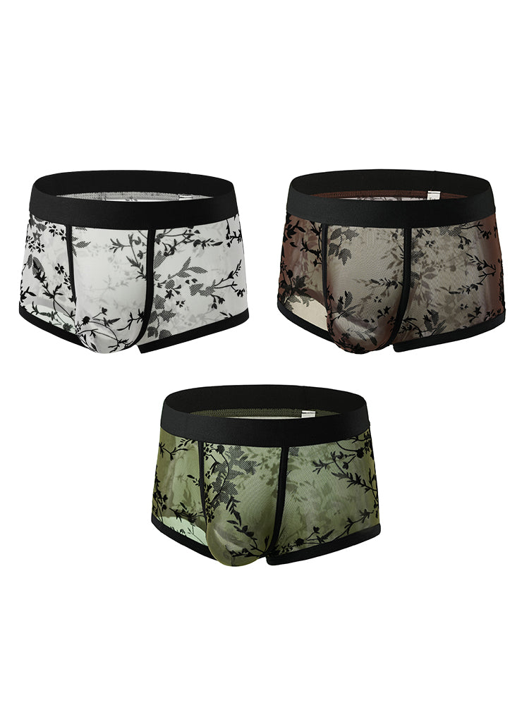 ORLVS Men's 3-Pack Lace Trunks with Floral Jacquard and Sheer Body