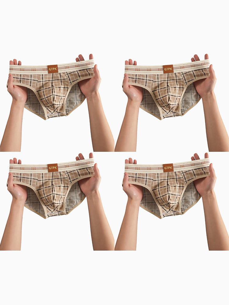 ORLVS Men's 4-Pack Plaid Briefs with 3D Mesh Pouch and Contrast Waistband