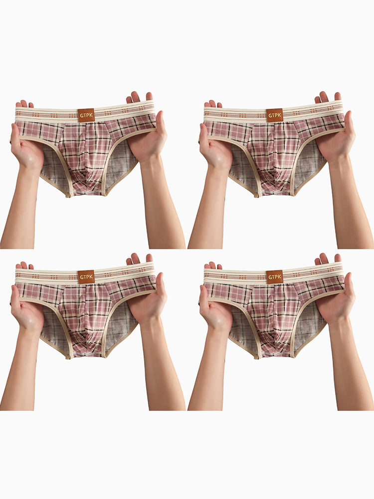 ORLVS Men's 4-Pack Plaid Briefs with 3D Mesh Pouch and Contrast Waistband