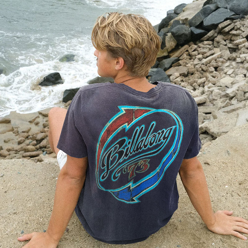 Retro Surf Print Beach Vacation Short-sleeved T-shirt Gray Purple