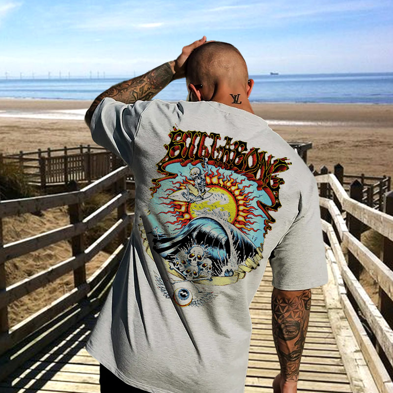 Oversized Men's Retro Surf Skull Print Beach Vacation Short Sleeve Casual T-Shirt