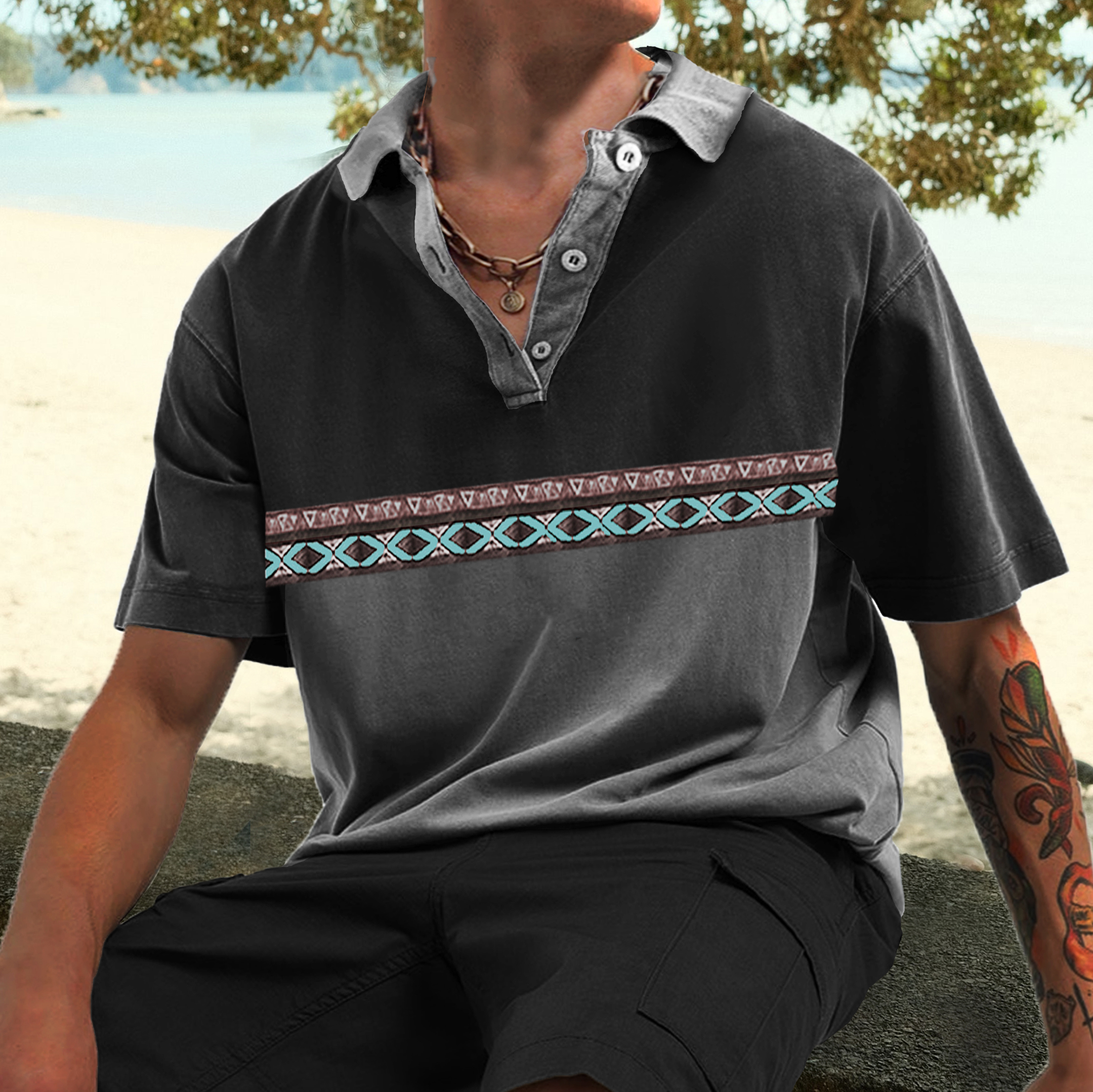 Men's Vintage Surf Print Beach Resort Polo T-shirts
