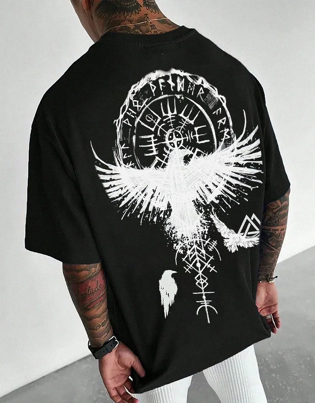 Viking Totem Printed Round Neck T-Shirt