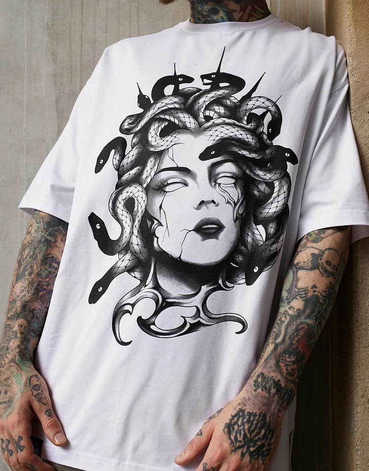 Snake Medusa Printed Round Neck T-Shirt