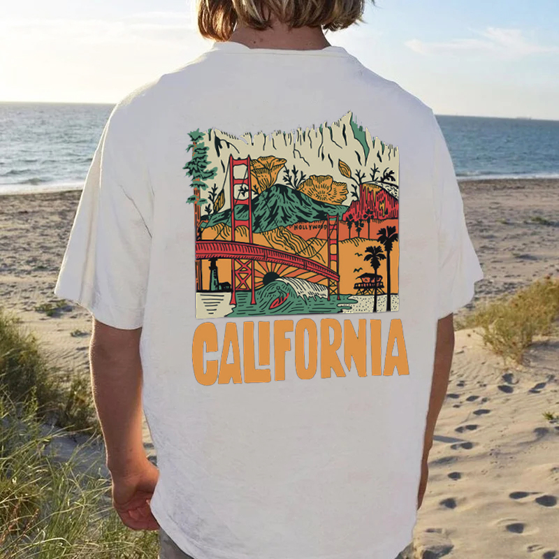 California Casual Pattern Printed Round Neck T-shirt