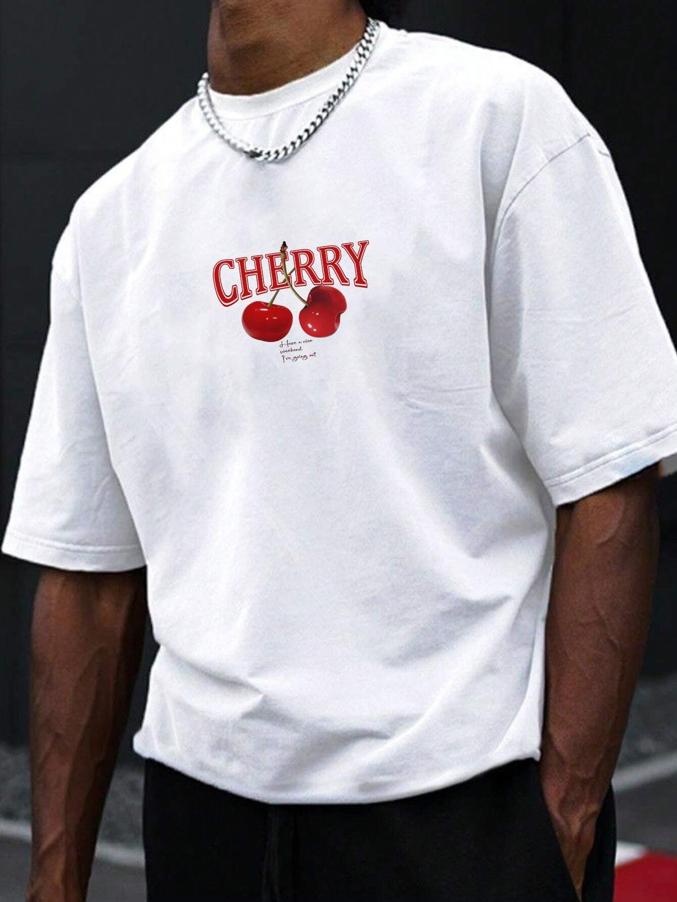 Men's White Knitted Round Neck Short Sleeve T-Shirt With Letter And Cherry Print