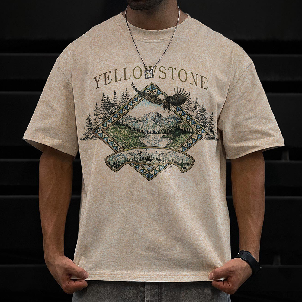 Yellowstone National Park Landscape Unisex Retro Washed T-Shirt Snowflake Batik Washed Distressed Loose T-Shirt