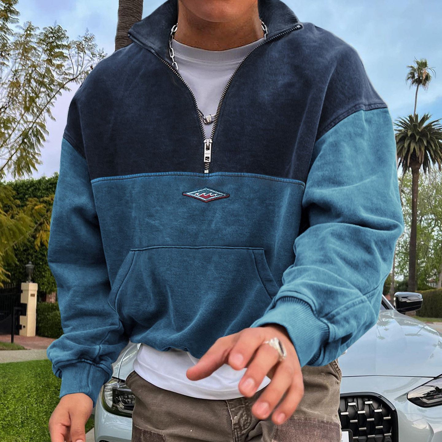 Vintage Unisex Contrast Half-Zip Stand Collar Sweatshirt