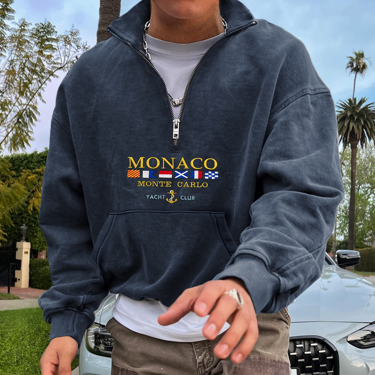 Vintage Unisex Monaco Monte Carlo Yachting Polo Neck Sweatshirt Zipper Half Open Collar Pullover Sweatshirt
