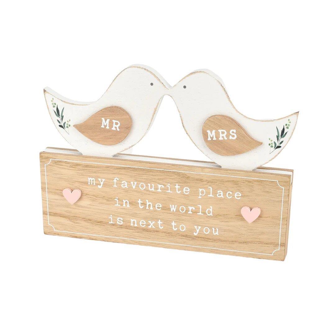 Love Story Love Birds Mantel Plaque - Mr and Mrs