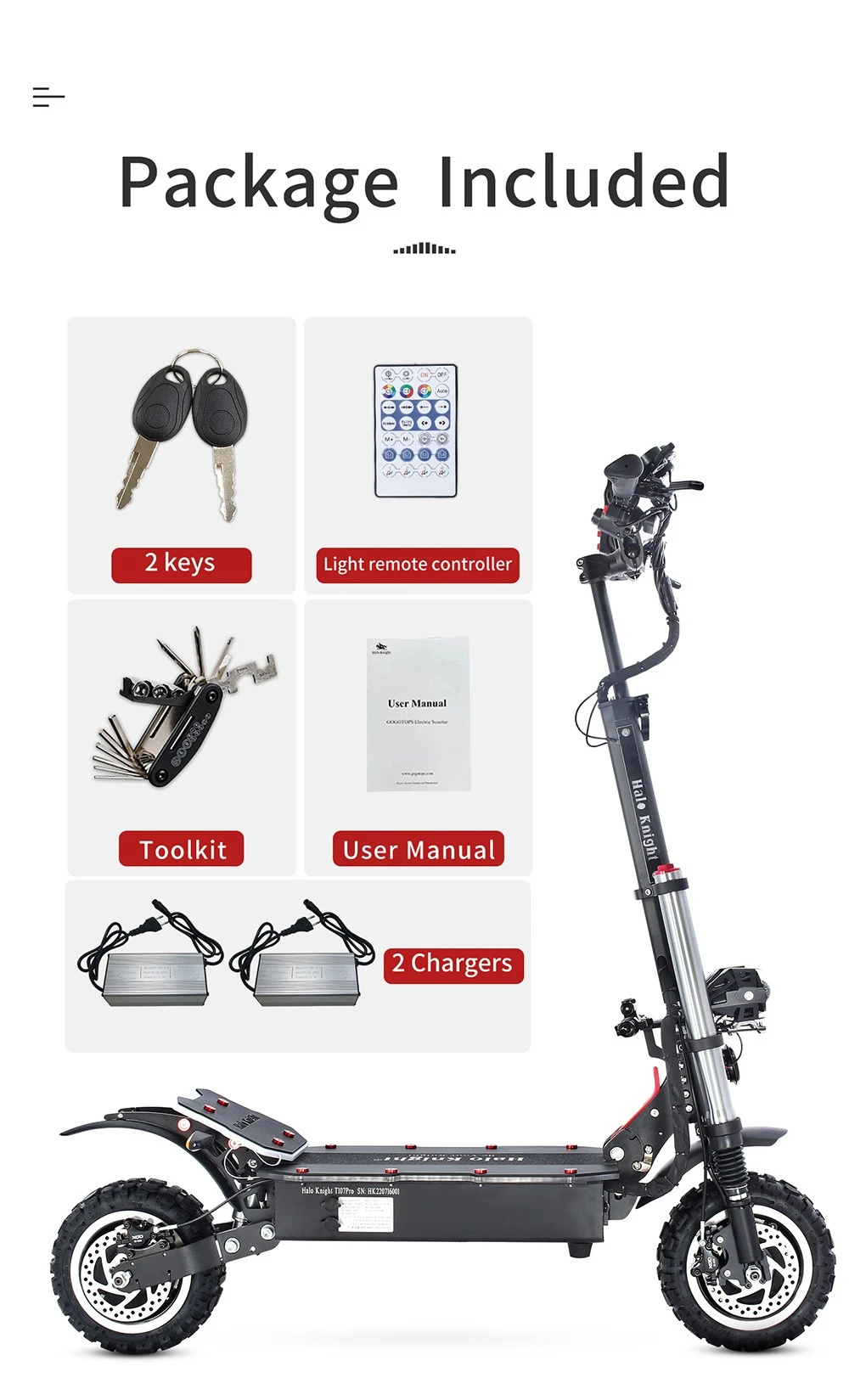 Halo Knight T107 Pro Electric Scooter 11'' Off-road Tire 3000W*2 Dual Motor 95km/h Max Speed 60V 38.4Ah Battery 80km Max