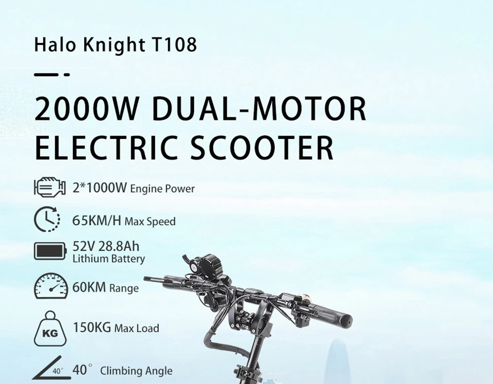 Halo Knight T108 Electric Scooter 10 inch Road Tires 1000W*2 Motor 65km/h Max Speed 52V 28.8Ah Battery 60km Max Range
