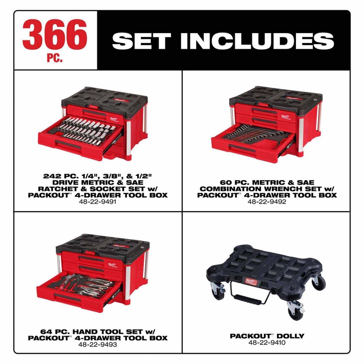 Milwthtaukee 366pc. Master Mechanics Hand Tool Set with PACKOUT Drawers and Dolly