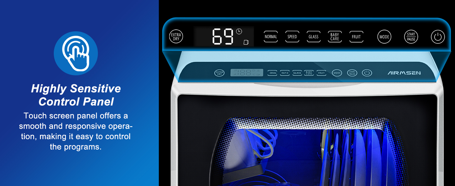 Digital control panel of an appliance with touch screen interface. Display shows 69&deg; and multiple function icons. Blue illuminated interior visible below.