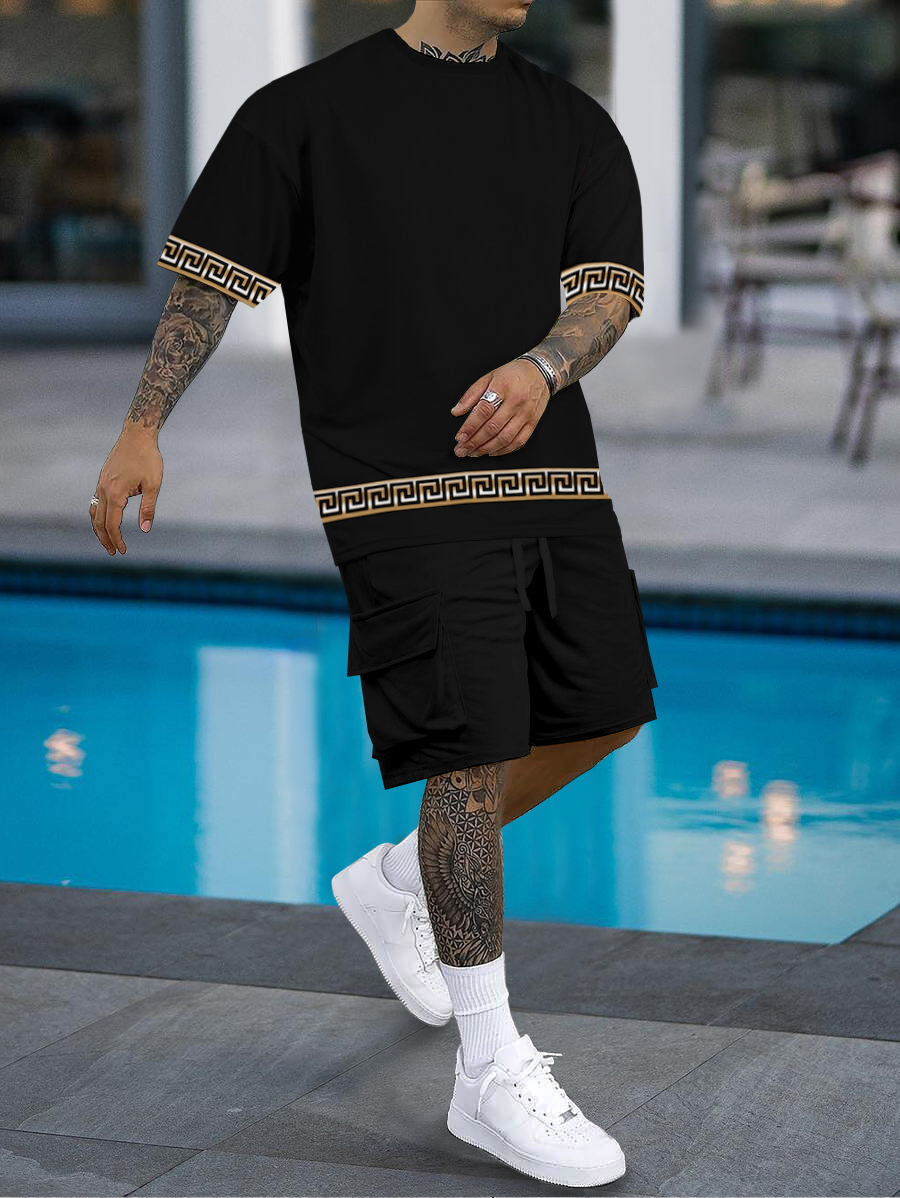 Men's fashion casual color matching printed short sleeve pocket shorts