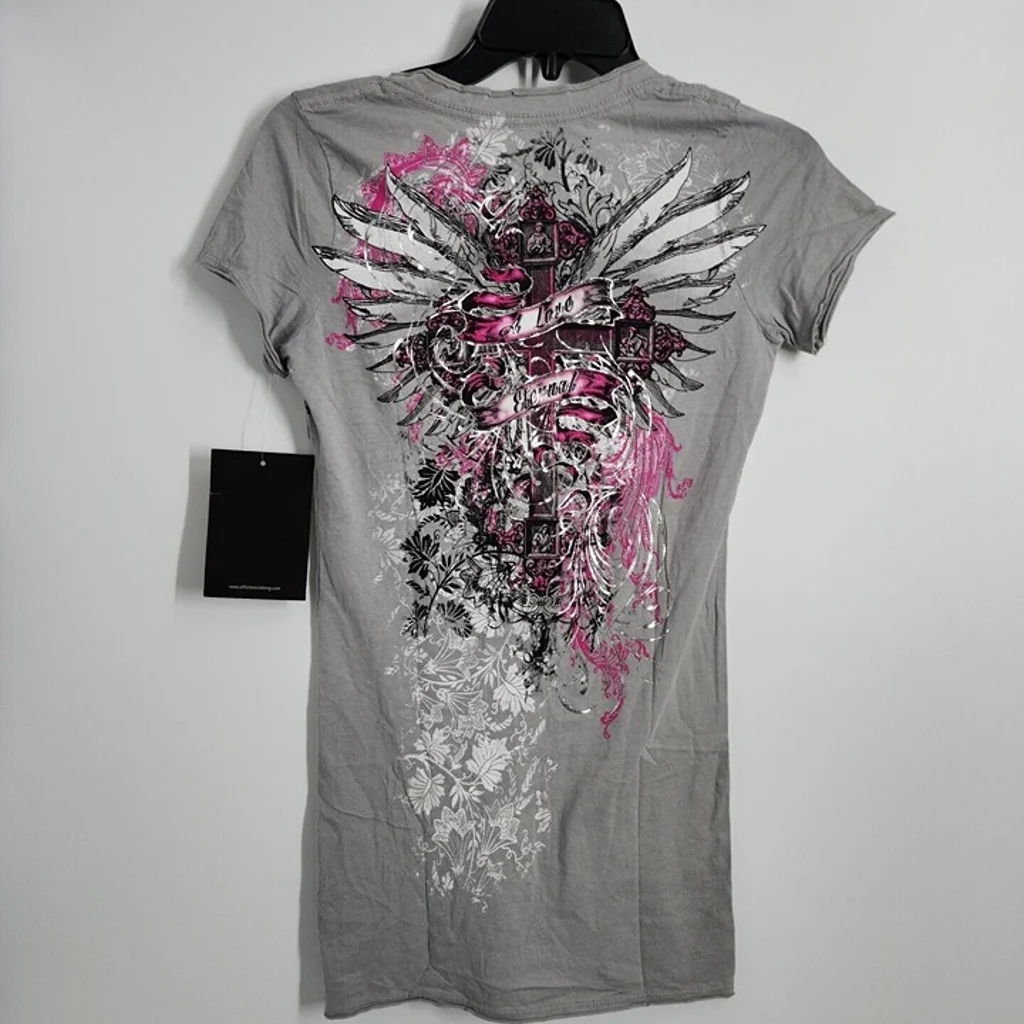 NEW Sinful By Affliction Size Small angel wings tshirt Gray womens Short Sleeve
