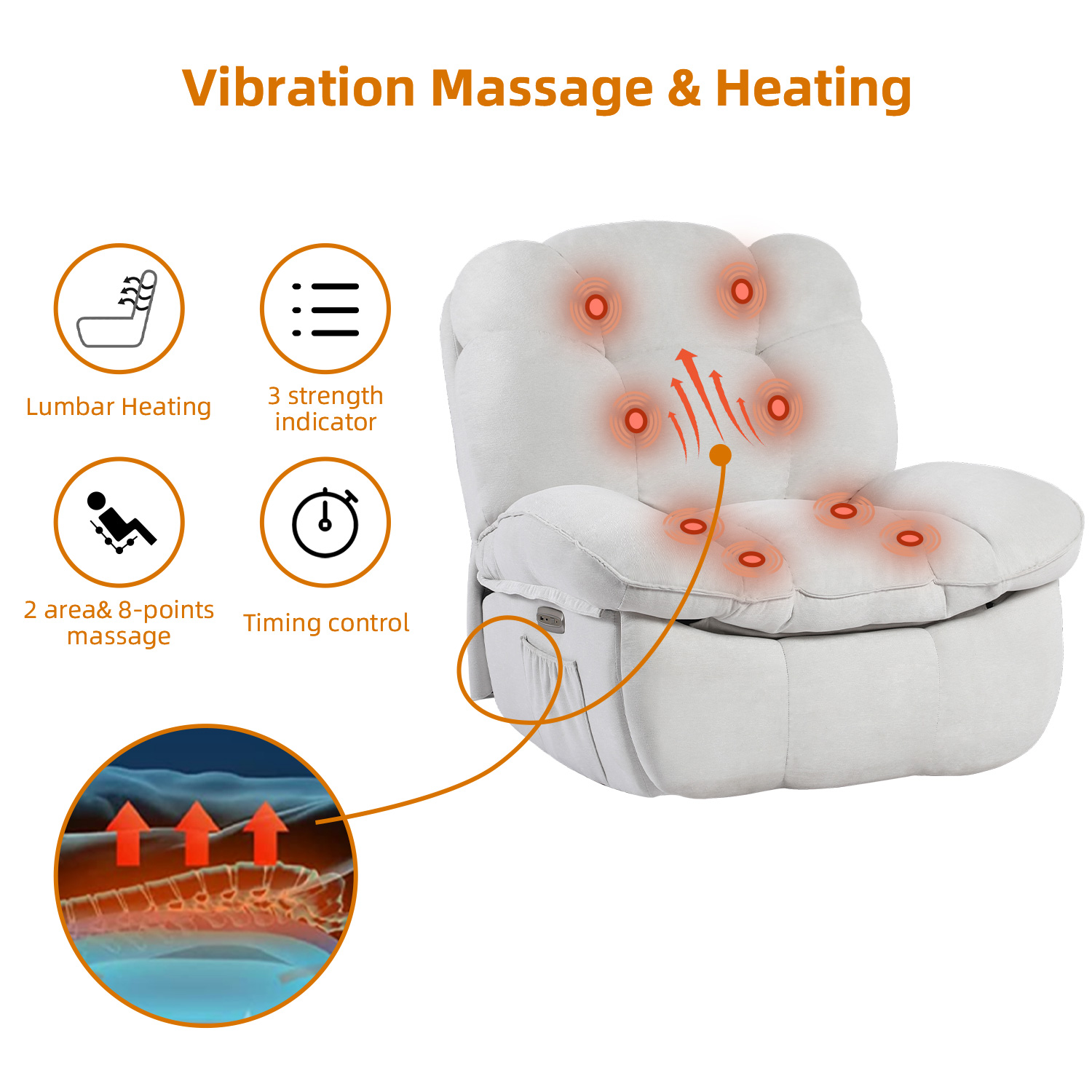 XINMICS Power Rocker Recliner Chair with Vibrating Massage Heating USB Port Type-C Port Side Pocket, White