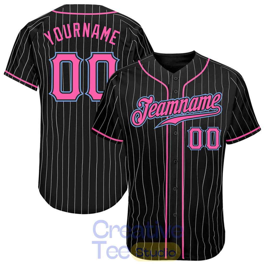 Custom Black White Pinstripe Pink-Light Blue Baseball Jersey