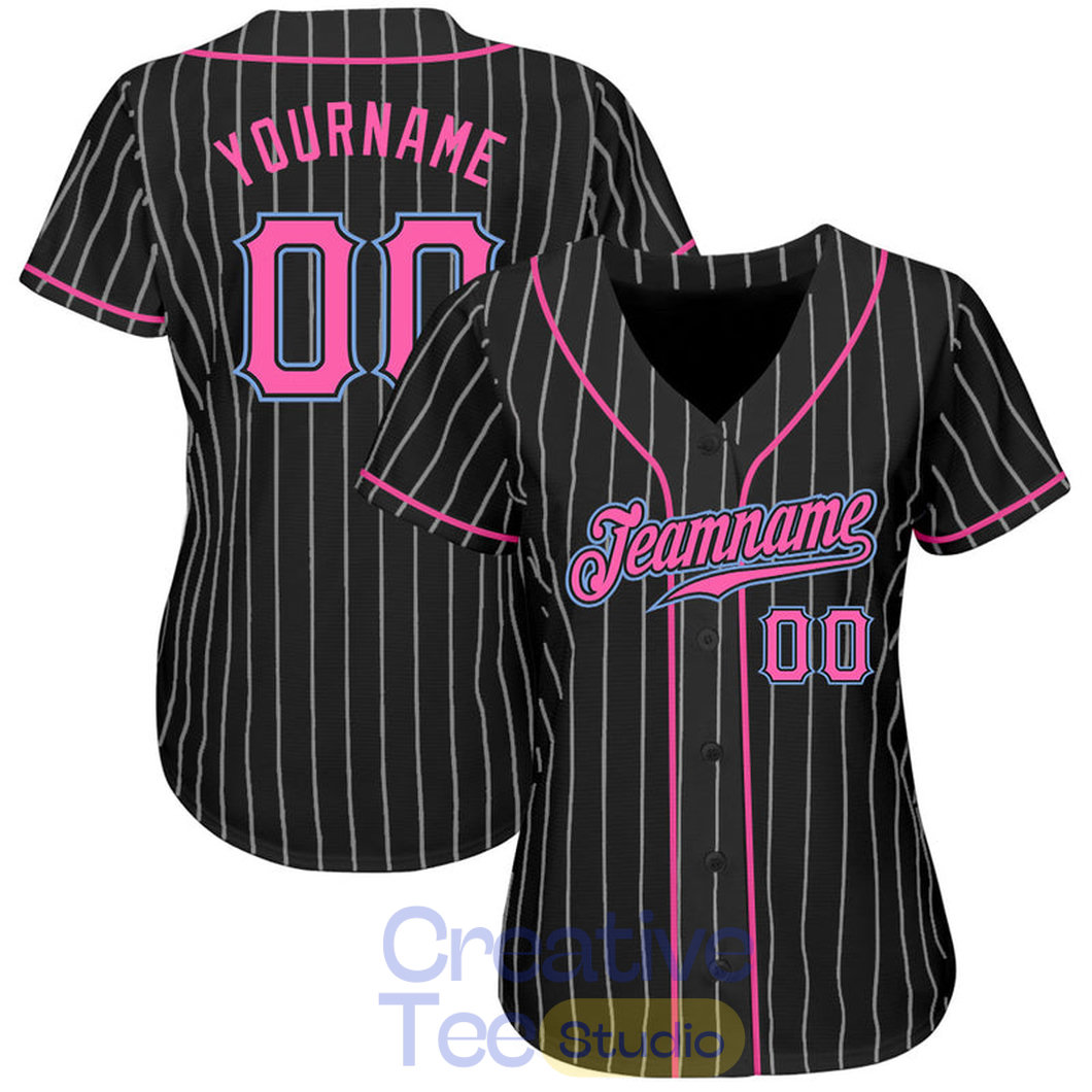 Custom Black White Pinstripe Pink-Light Blue Baseball Jersey