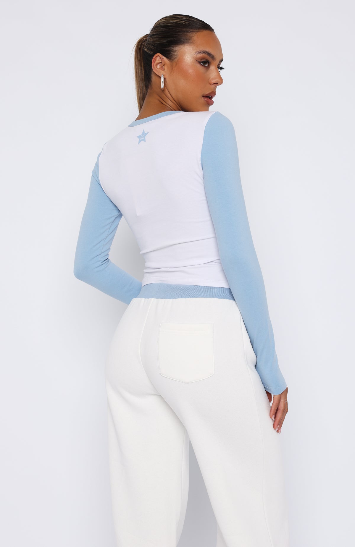 Star Of The Show Long Sleeve Baby Tee White/Blue