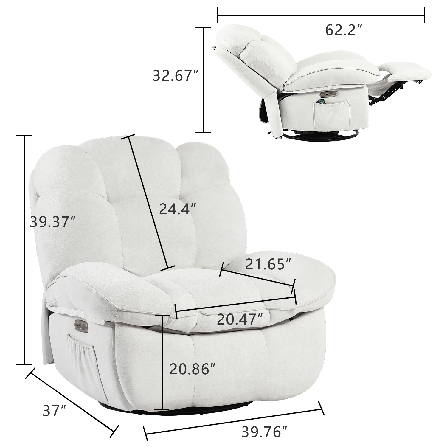 XINMICS Power Rocker Recliner Chair with Vibrating Massage Heating USB Port Type-C Port Side Pocket, White