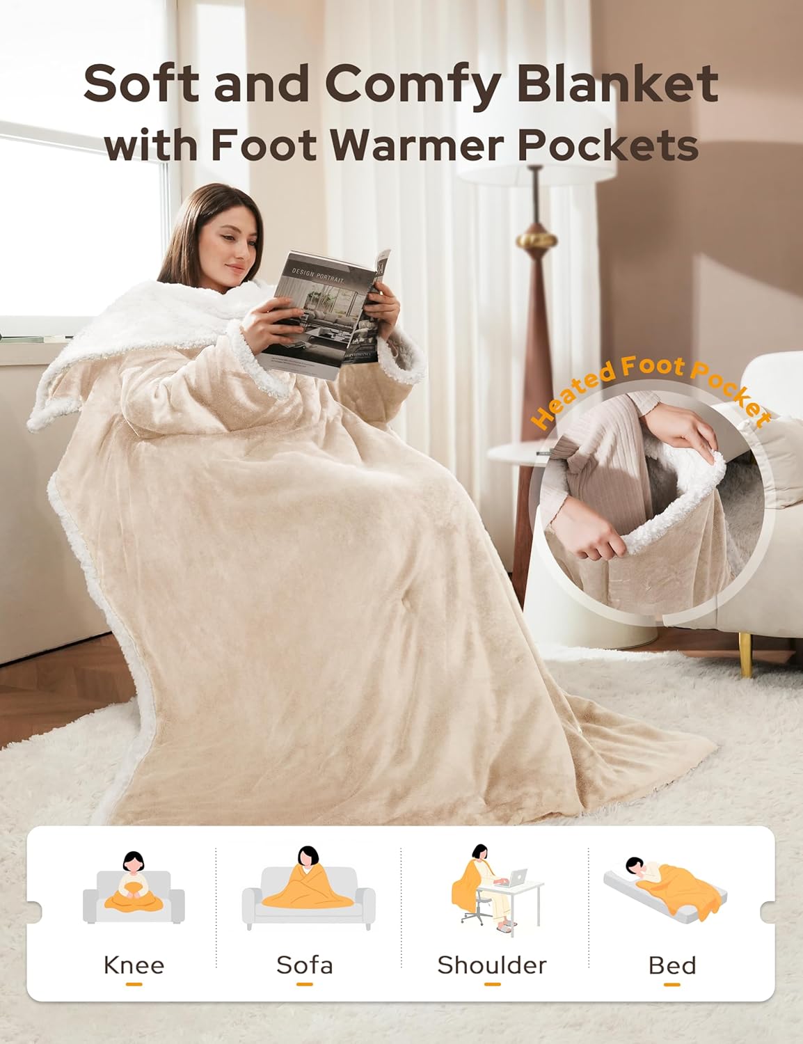 Heated Blanket Throw with Foot Pocket